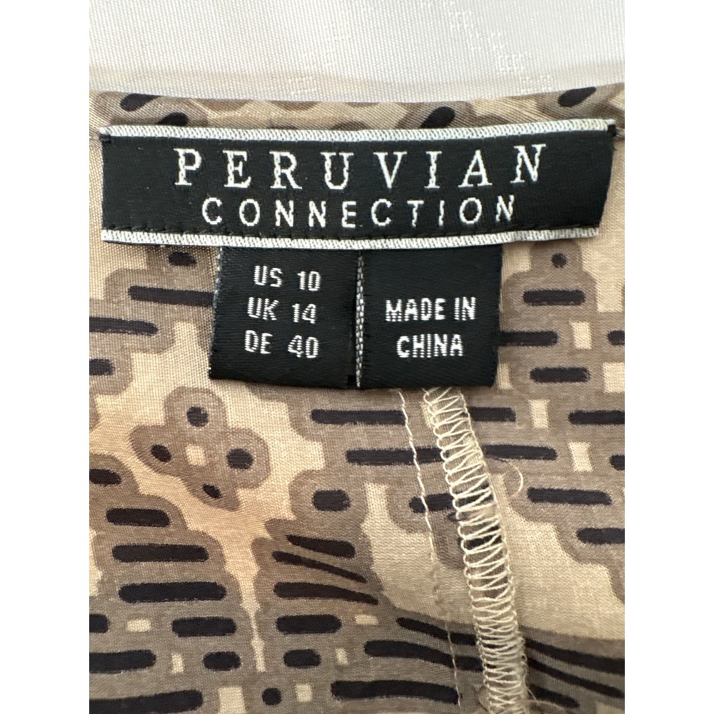 Peruvian Connection Tan Black Silk Blend Southwestern Dress 10 Boho Lightweight - Picture 4 of 11